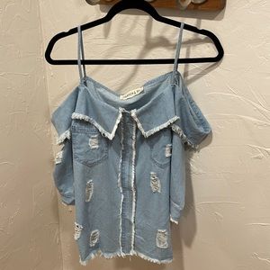 Off the shoulders torn lightweight denim button up shirt size large.